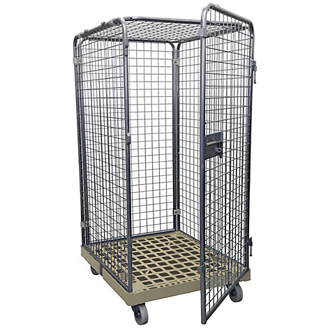 Wire cage cart, half open, with wheels, on white background.