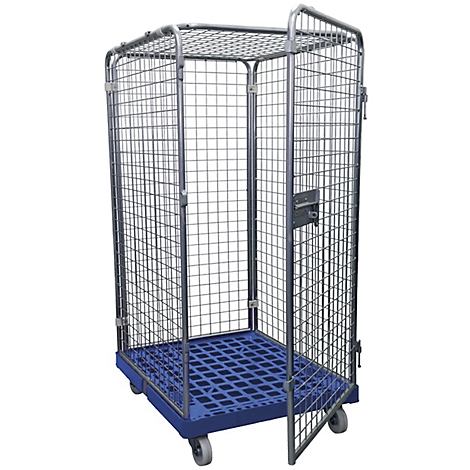 A metal roll container with an open door. Blue base, grey mesh walls, on wheels.