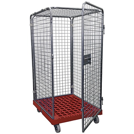 Roll cage trolley with open door, red floor, wheels. Metal frame, mesh walls. Industrial design.