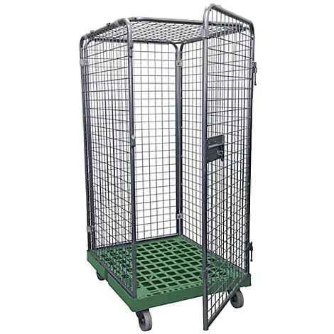 Metal mesh trolley, green base plate, gray castors. Open door.