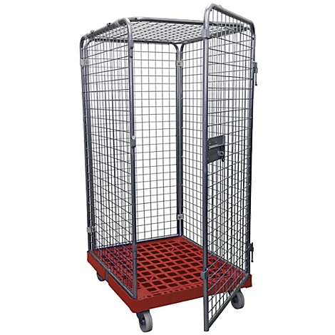 An open, rolling cage with a red floor and gray wheels, as well as an open door.