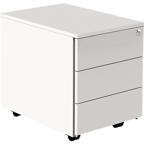 White office cabinet with three drawers and rollers. A lock on the right.