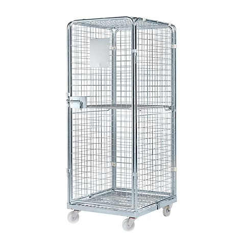 Metal roll container. Wire mesh cage with wheels. A sign is attached to the side.