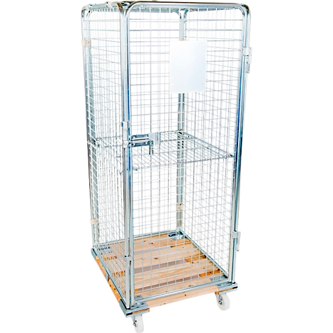 Wire mesh trolley with wooden pallet and wheels. A white sign is attached.