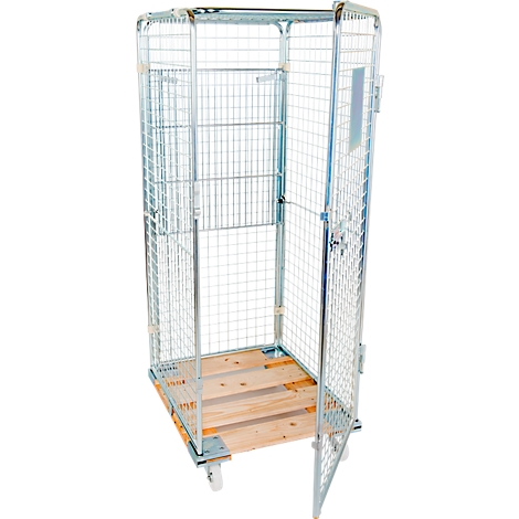 Metal mesh cart with wooden floor, open door, and wheels.