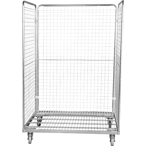 Chariot grillagé métallique avec roues. Le chariot est vide et présenté sur fond blanc.