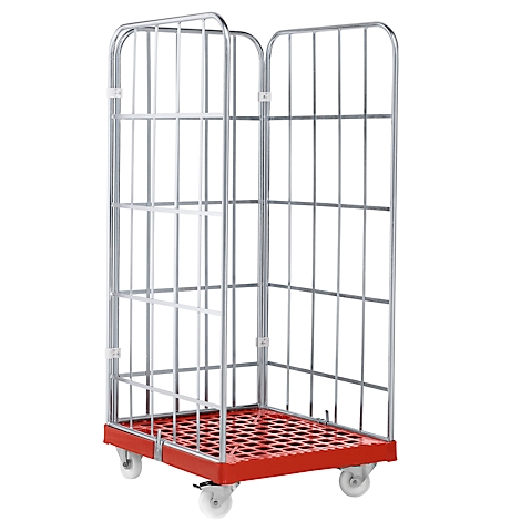 Chariot roulant en métal avec une plaque de base rouge en forme de grille. Le cadre est argenté et possède des roulettes aux coins.