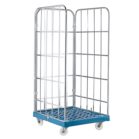 Chariot en métal, grille et plancher bleus, roues blanches.