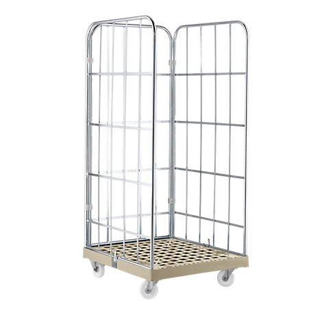 Chariot roulant avec parois grillagées, sur une plateforme beige-brun et quatre roues. Les grilles sont argentées.