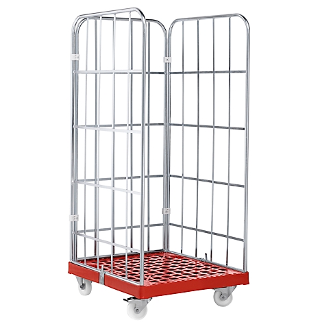 Chariot roulant en métal avec parois grillagées et base rouge. Quatre roues en bas.