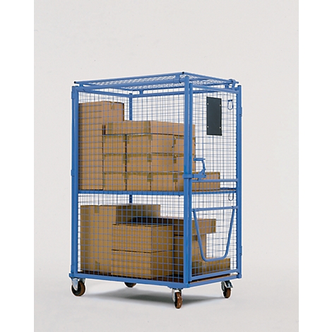 Chariot roulant bleu avec parois grillagées, rempli de cartons. Sur roues, pour le stockage en entrepôt.