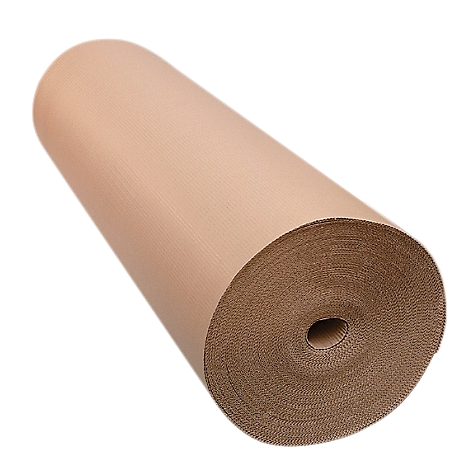 Roll of brown corrugated paper. Rolled up, with a central opening.