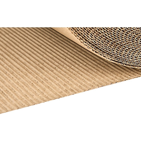 Corrugated cardboard, partially rolled up. The cardboard has a light brown color.