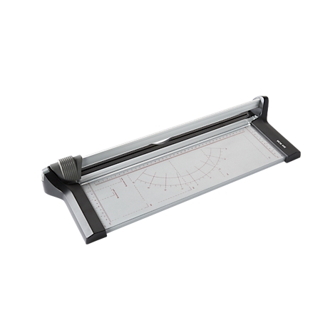 A gray paper cutter on a white background. It has a black cutting device and a transparent base with measurements.