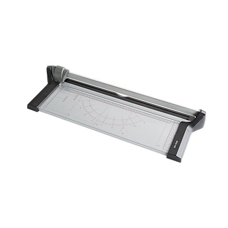 Grey paper cutter with black handle. The cutting surface is marked with measurement lines.