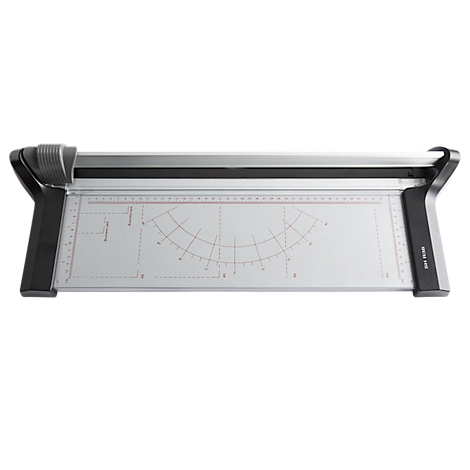 A gray paper cutter, with measuring scales and a black handle.