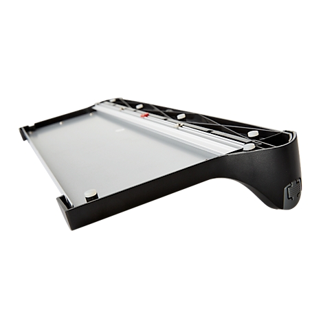 Black paper cutter with gray cutting surface. The paper cutter has an ergonomic design with a curved edge.