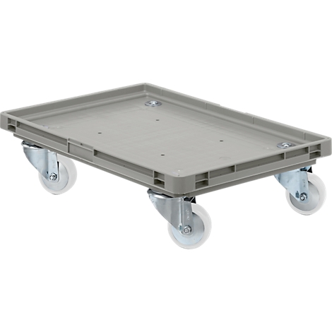 Grey plastic transport cart with four wheels, top view.