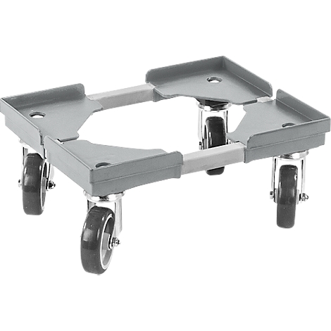 Gray furniture dolly with four wheels.