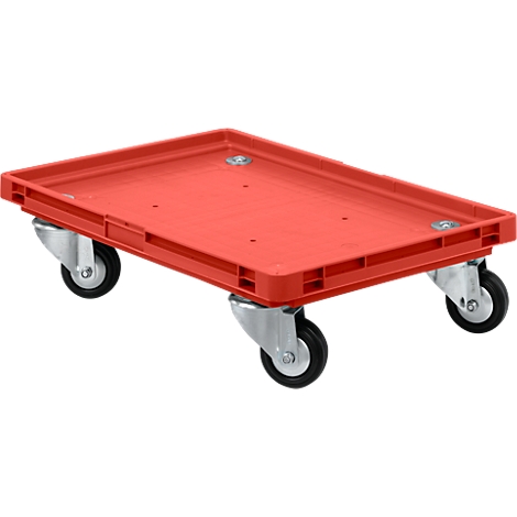 Carro de transporte rojo con ruedas. El área de carga tiene forma rectangular.