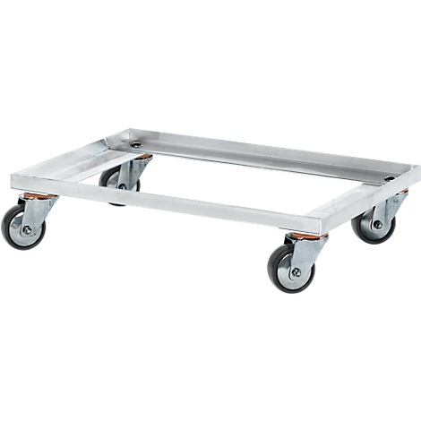 A rectangular cart made of silver-colored metal with four wheels, suitable for loads.