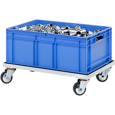Blue transport box with tools on a trolley.
