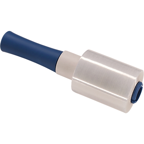 Handheld wrapping roller with blue handle and transparent film for packaging.