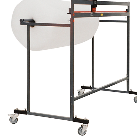 Gray paper roll holder with white paper roll, with wheels for easy moving.