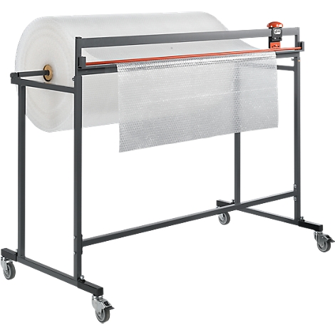 A gray roll cutting table with a roll of bubble wrap. A piece of foil is hanging down.