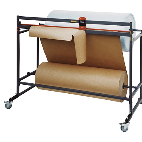 Brown paper roll dispenser with wheels and two paper rolls, one of which is unrolled.
