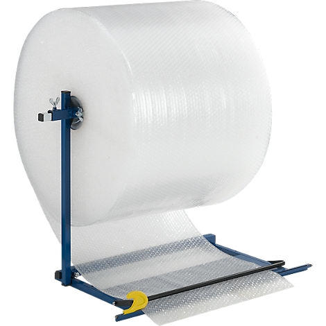 A large roll of bubble wrap on a blue roll holder, the wrap is being unrolled.