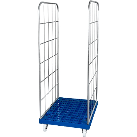 Blue rolling cart with grid walls and wheels.