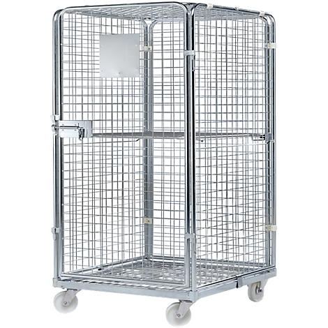 A metal roll container with wire mesh walls and wheels, empty.