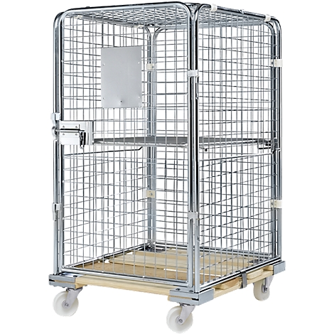 Metal mesh trolley with wheels and a wooden base. A white sign is attached.