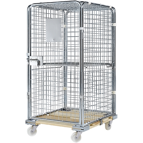 Metal cage trolley on wheels. Interior with wooden floor, door with lock. A small sign is attached.