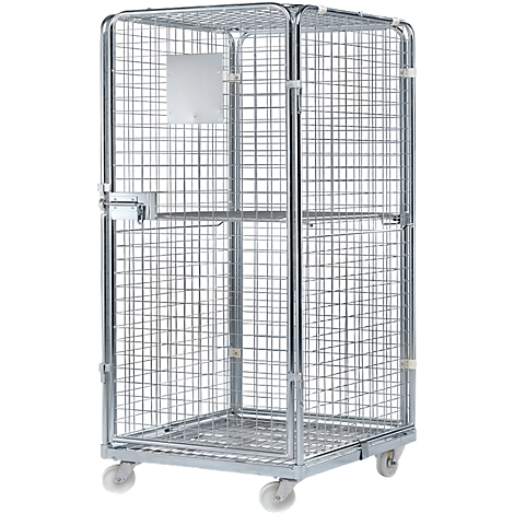 Metal mesh cart on wheels. A door with a closure. An empty white sign on the side.