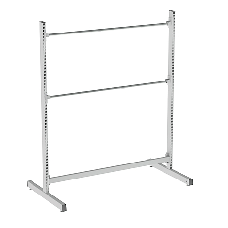 Free-standing, silver-grey clothes rack with two bars.
