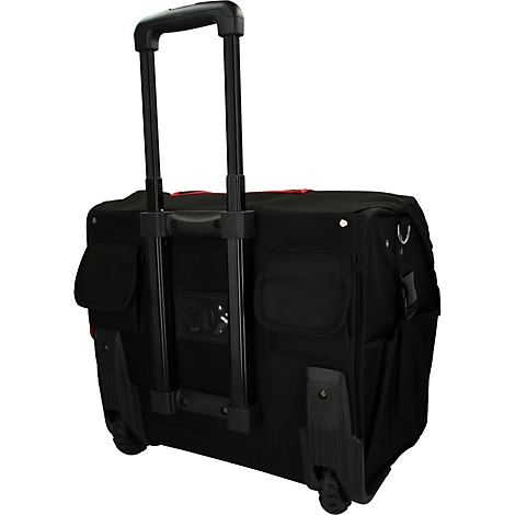 Schwarze Werkzeugtasche mit Rollen und Teleskopgriff. Mehrere Taschen und Details in rot.