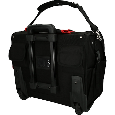 Schwarze Werkzeugtasche mit Rädern und ausziehbarem Griff. Seitliche Taschen, Tragegriff und Schultergurt.