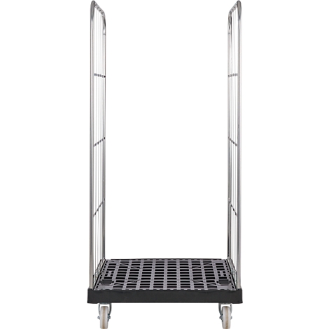 Un conteneur roulant vide avec du grillage et des roues sur fond blanc.