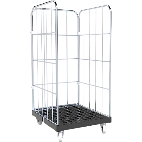 Un chariot de transport en métal vide et roulant avec une base en grille noire.