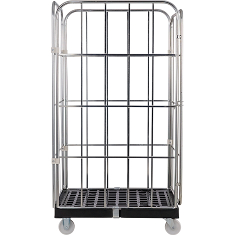 Un chariot à cage métallique roulant vide, avec une base noire et des roues.