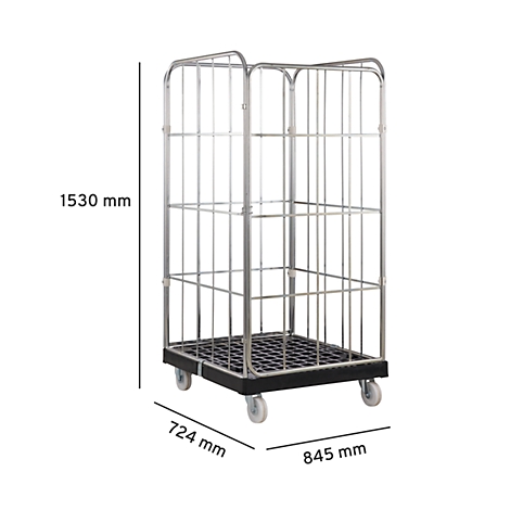 Chariot grillagé en métal sur roulettes. Dimensions : 1530 mm de haut, 845 mm de large et 724 mm de profondeur.