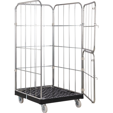 Offener Rollcontainer aus Metall, mit vier Rädern. Gitterstruktur an Seiten und Rückwand, eine Tür steht offen.