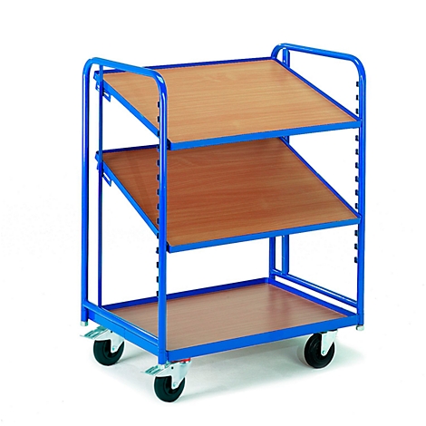 Blue serving cart with wooden shelves, four wheels, on a white background.
