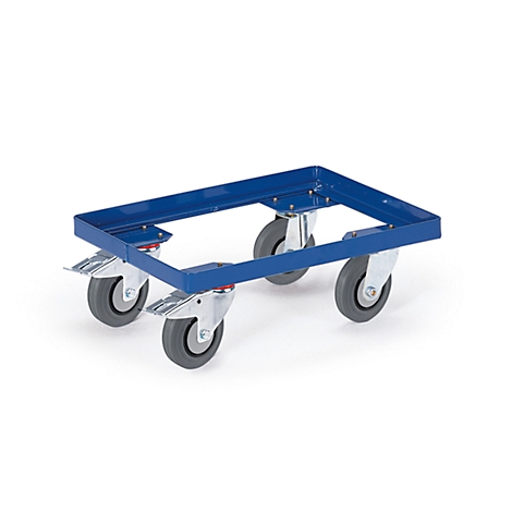 Blauer Rollwagen mit vier Rädern. Das Gestell ist rechteckig, mit grauen Rädern auf weissem Hintergrund.
