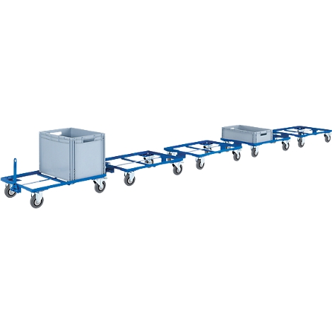 Blaue Rollwagen mit grauen Kisten, verbunden. Räder mit grauen Reifen, weisse Kisten.