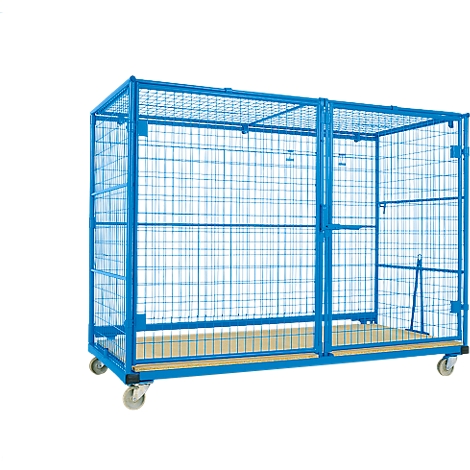 Blue rolling cage with mesh walls and wheels, empty transport box.