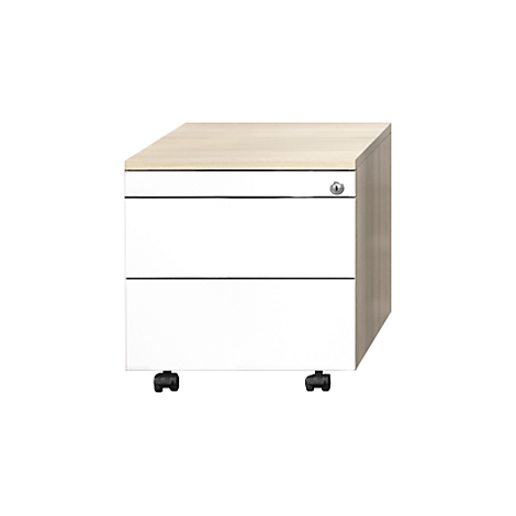 Weißer Rollcontainer mit Holzplatte, zwei Schubladen und Rollen.