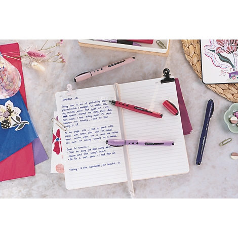 Un cahier avec des notes manuscrites, des stylos roses et violets sont posés à côté. Décoration de fleurs et de clips.